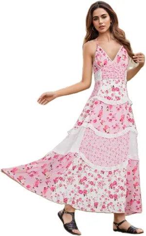 Women Floral Flowy Maxi Dress Lace Patchwork Boho Y2K Long Dress Cute Spaghetti Strap V Neck Low Cut Beach Sundress