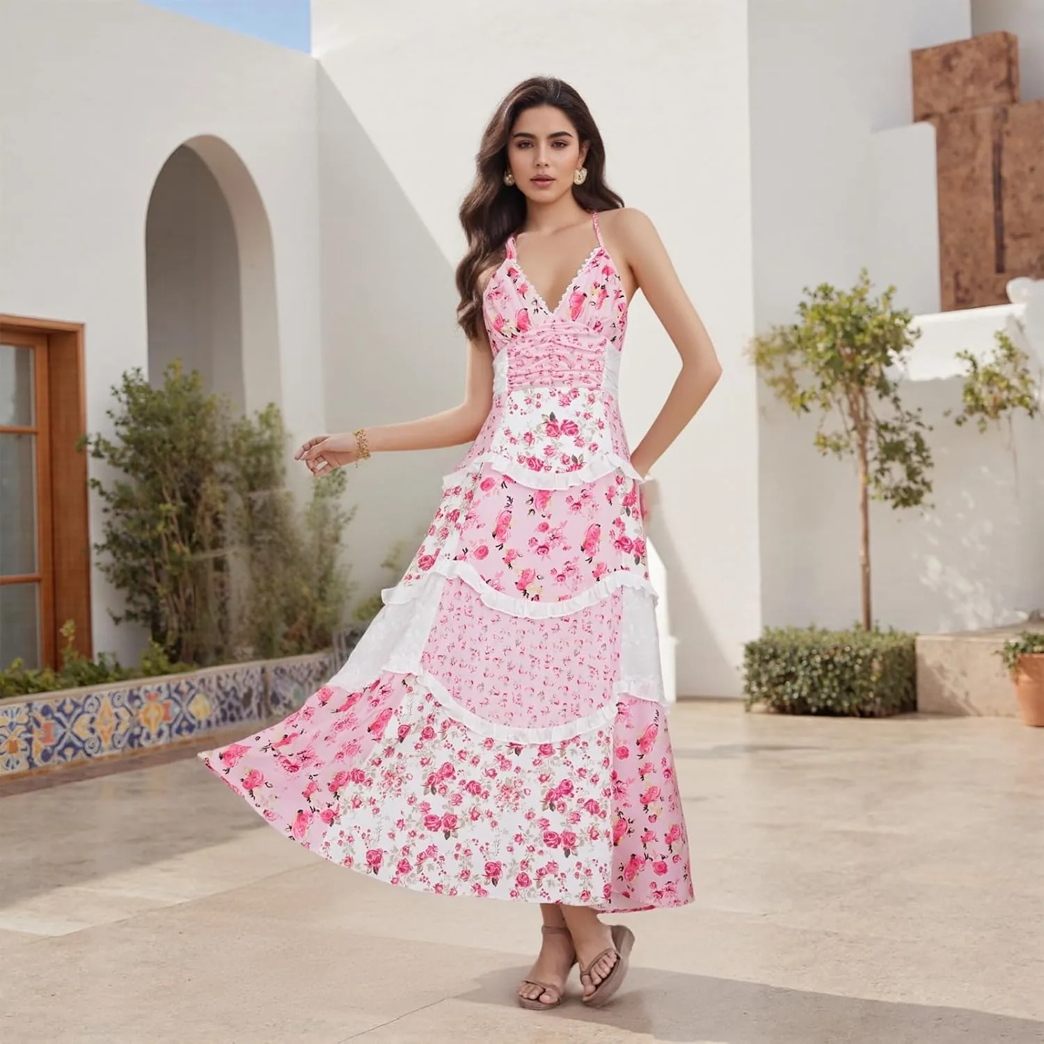 Women Floral Flowy Maxi Dress Lace Patchwork Boho Y2K Long Dress Cute Spaghetti Strap V Neck Low Cut Beach Sundress