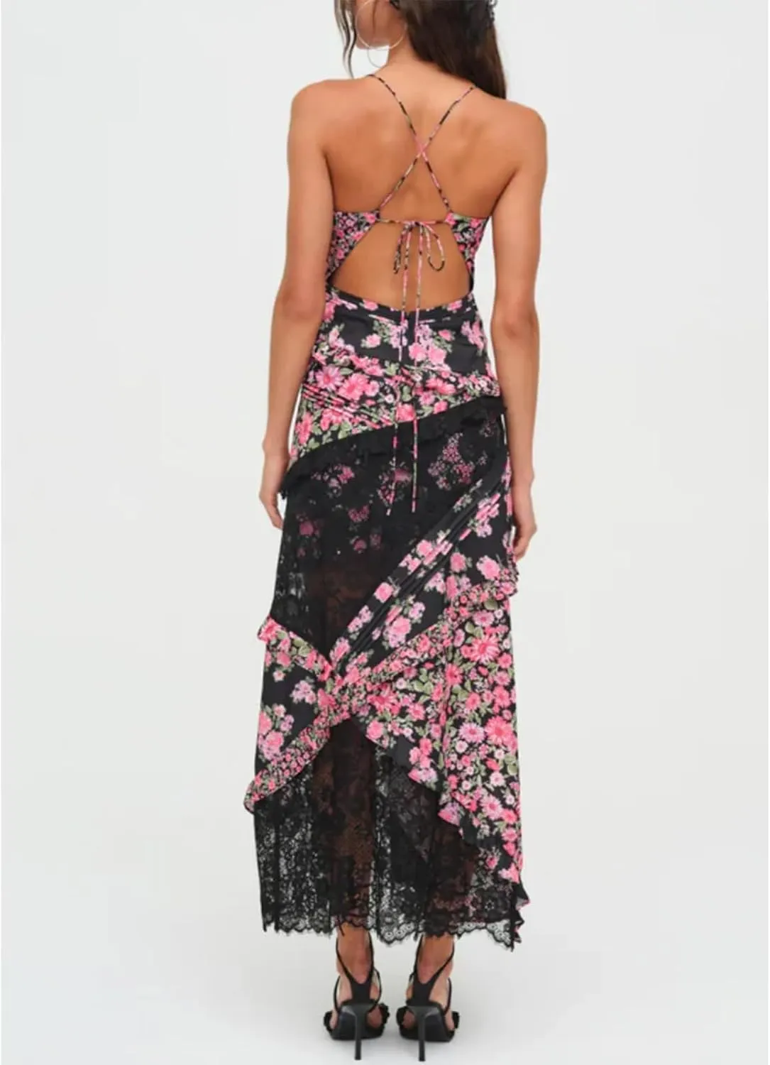 Women Floral Flowy Maxi Dress Lace Patchwork Boho Y2K Long Dress Cute Spaghetti Strap V Neck Low Cut Beach Sundress