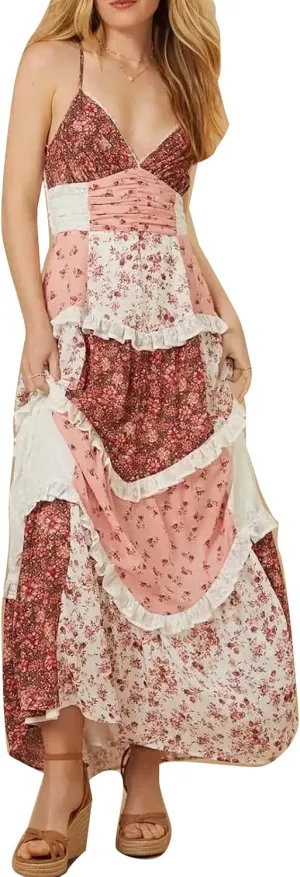 Women Floral Flowy Maxi Dress Lace Patchwork Boho Y2K Long Dress Cute Spaghetti Strap V Neck Low Cut Beach Sundress