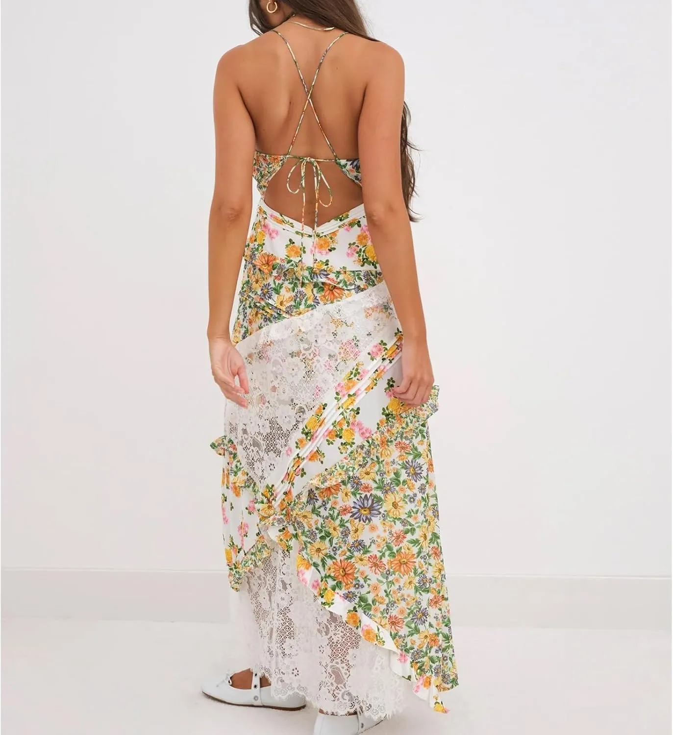 Women Floral Flowy Maxi Dress Lace Patchwork Boho Y2K Long Dress Cute Spaghetti Strap V Neck Low Cut Beach Sundress