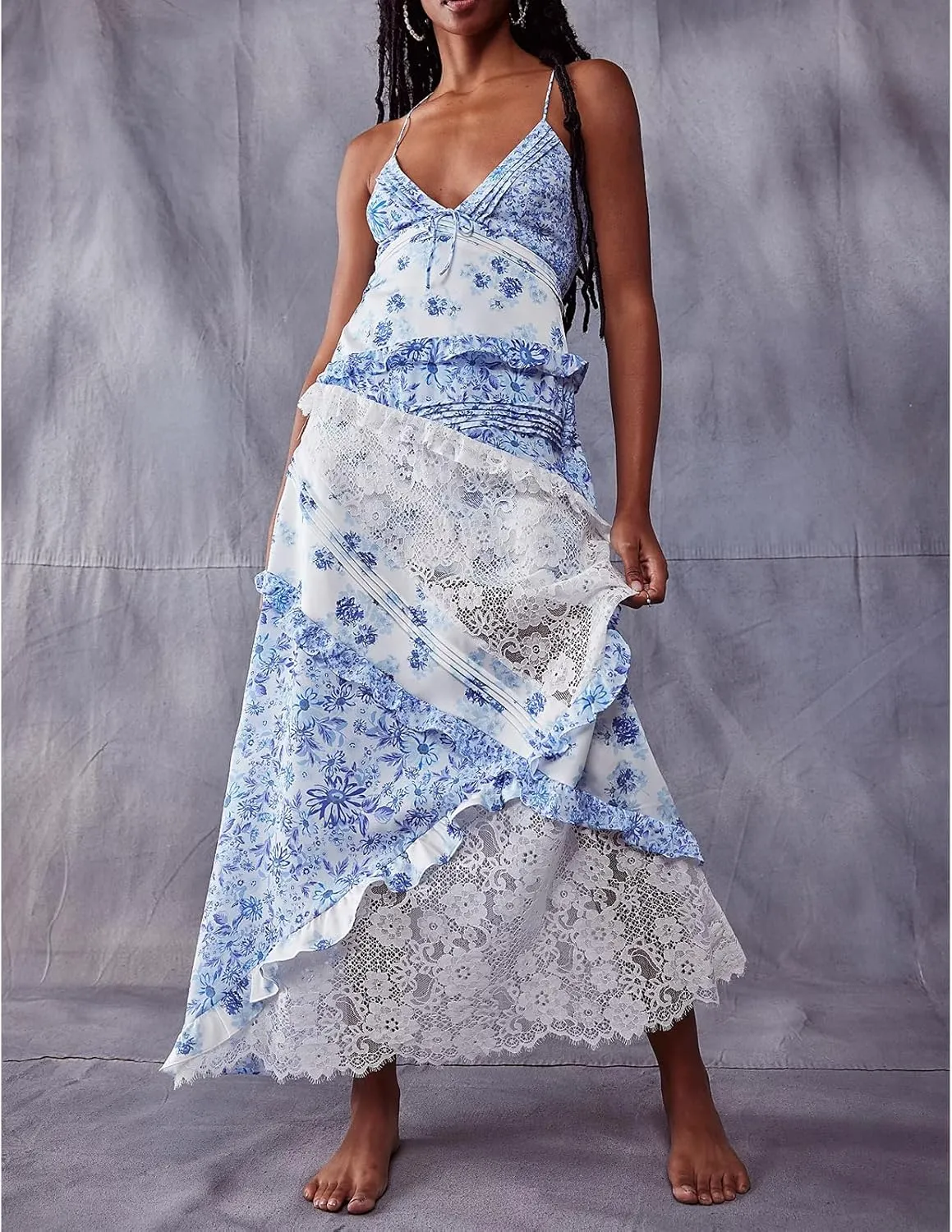 Women Floral Flowy Maxi Dress Lace Patchwork Boho Y2K Long Dress Cute Spaghetti Strap V Neck Low Cut Beach Sundress