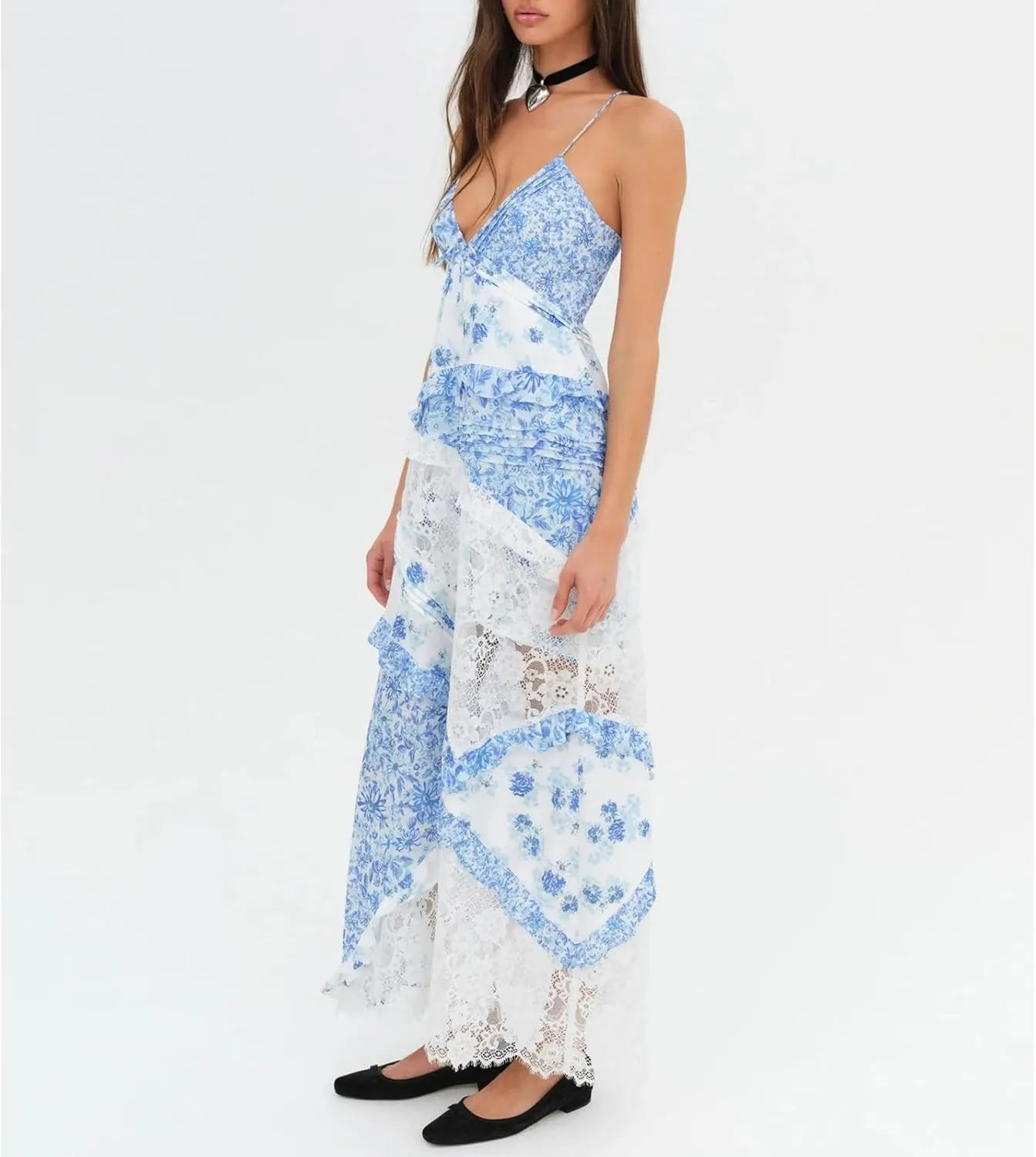 Women Floral Flowy Maxi Dress Lace Patchwork Boho Y2K Long Dress Cute Spaghetti Strap V Neck Low Cut Beach Sundress