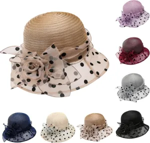 Women Kentucky Organza Derby Hat Wide Brim Summer Polka Dot Sun Hat for Bridal Wedding Church Tea Parties