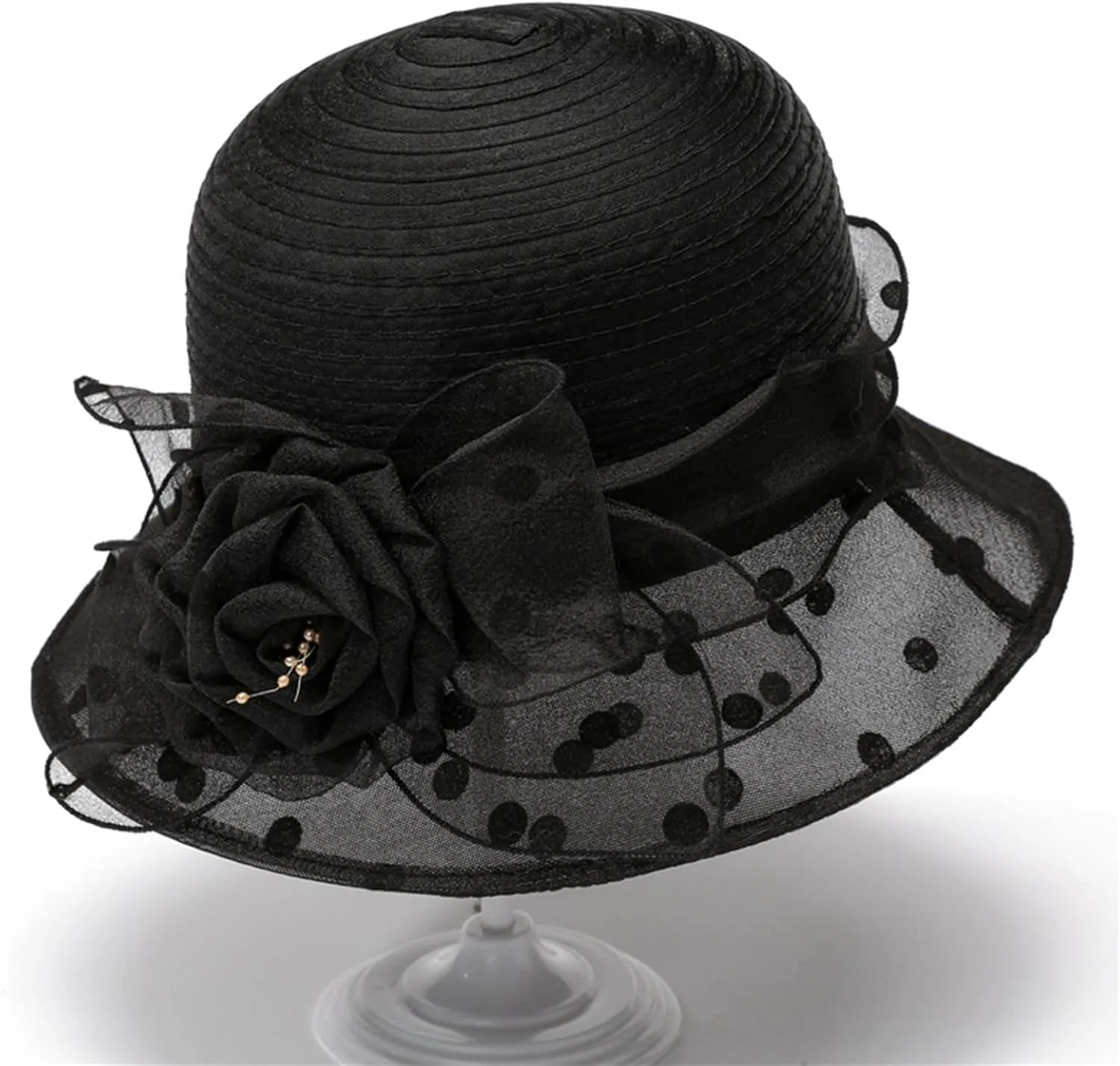 Women Kentucky Organza Derby Hat Wide Brim Summer Polka Dot Sun Hat for Bridal Wedding Church Tea Parties