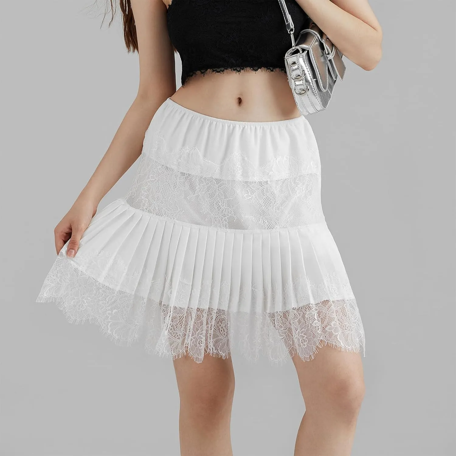 Women Lace Mesh Pleated Mini Skirt Y2k Flowy Layered Ruffle Skirt Solid Color Flower Embroidery Mid-Rise Skirt