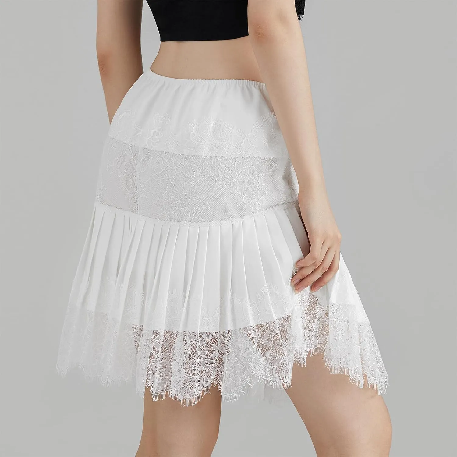 Women Lace Mesh Pleated Mini Skirt Y2k Flowy Layered Ruffle Skirt Solid Color Flower Embroidery Mid-Rise Skirt