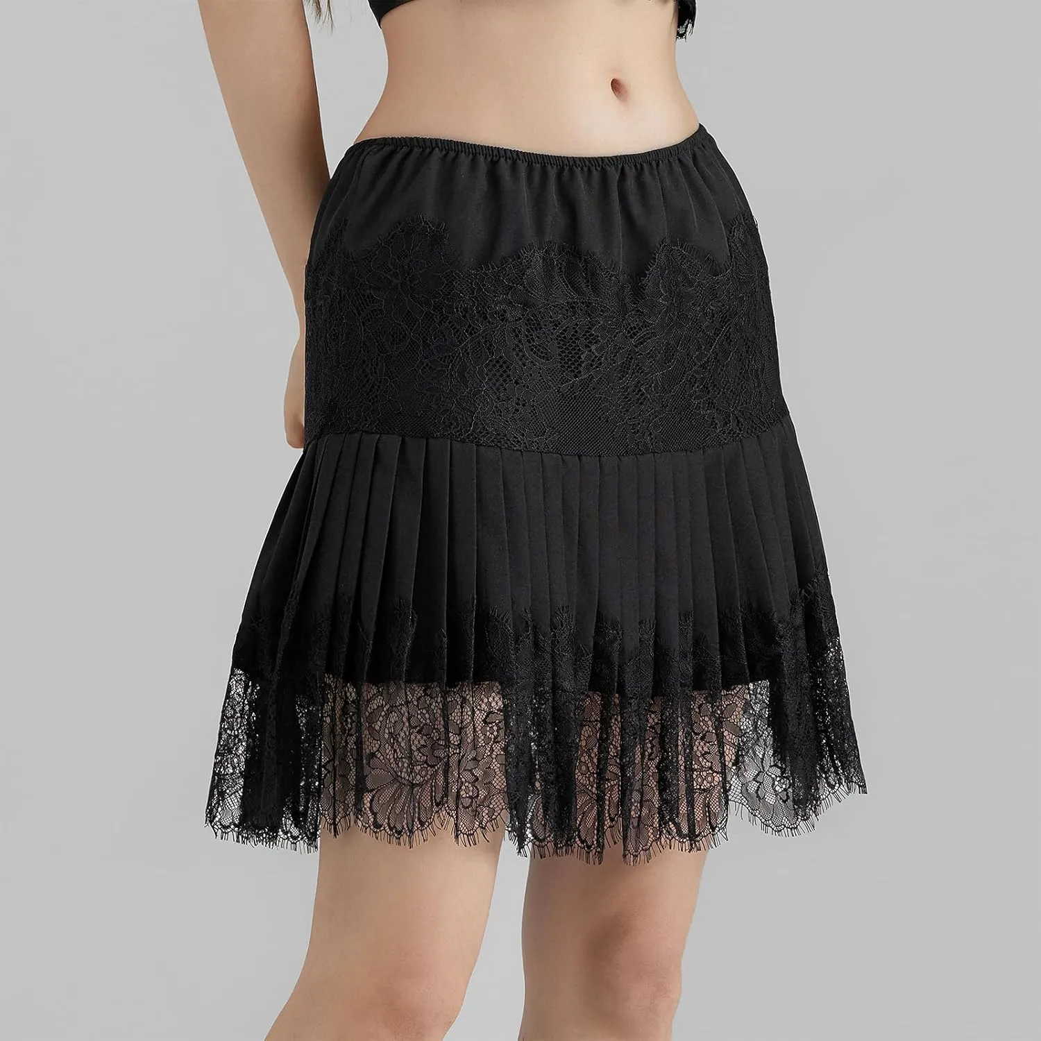 Women Lace Mesh Pleated Mini Skirt Y2k Flowy Layered Ruffle Skirt Solid Color Flower Embroidery Mid-Rise Skirt