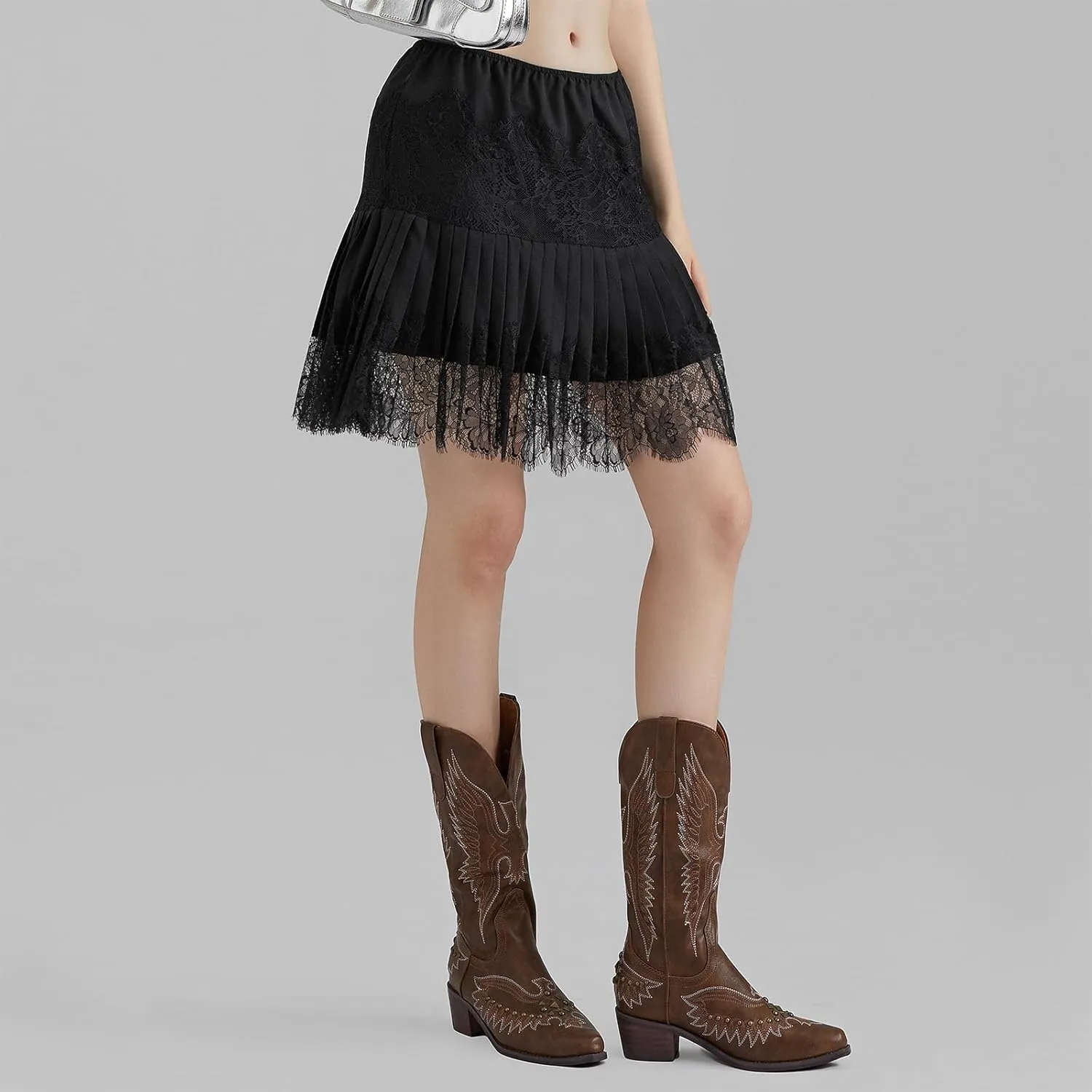 Women Lace Mesh Pleated Mini Skirt Y2k Flowy Layered Ruffle Skirt Solid Color Flower Embroidery Mid-Rise Skirt