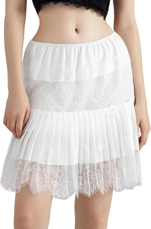 Women Lace Mesh Pleated Mini Skirt Y2k Flowy Layered Ruffle Skirt Solid Color Flower Embroidery Mid-Rise Skirt
