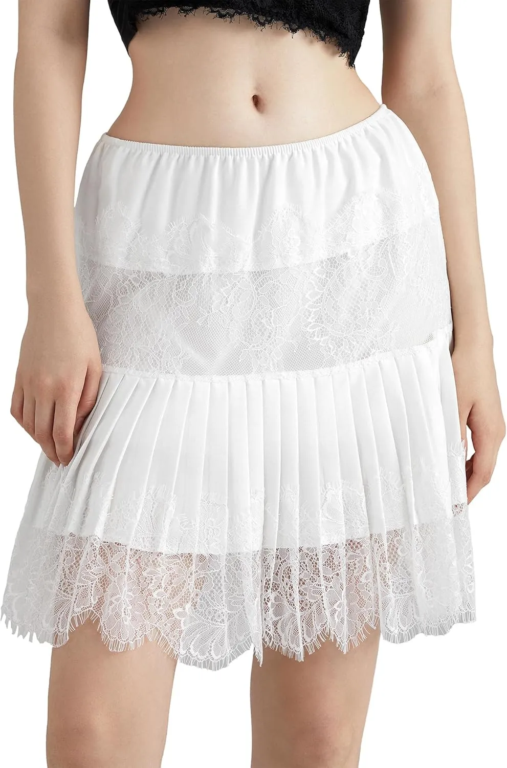 Women Lace Mesh Pleated Mini Skirt Y2k Flowy Layered Ruffle Skirt Solid Color Flower Embroidery Mid-Rise Skirt