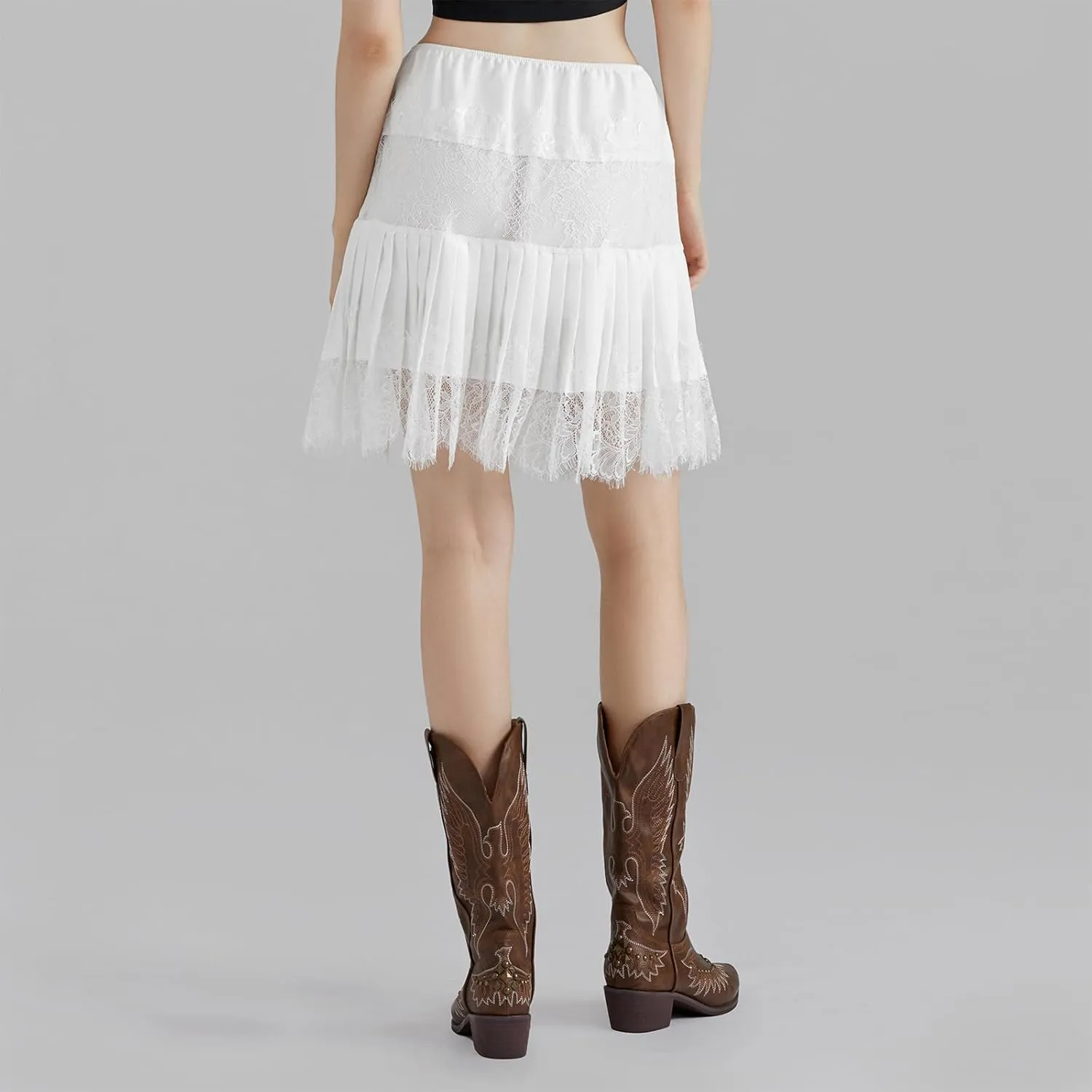 Women Lace Mesh Pleated Mini Skirt Y2k Flowy Layered Ruffle Skirt Solid Color Flower Embroidery Mid-Rise Skirt