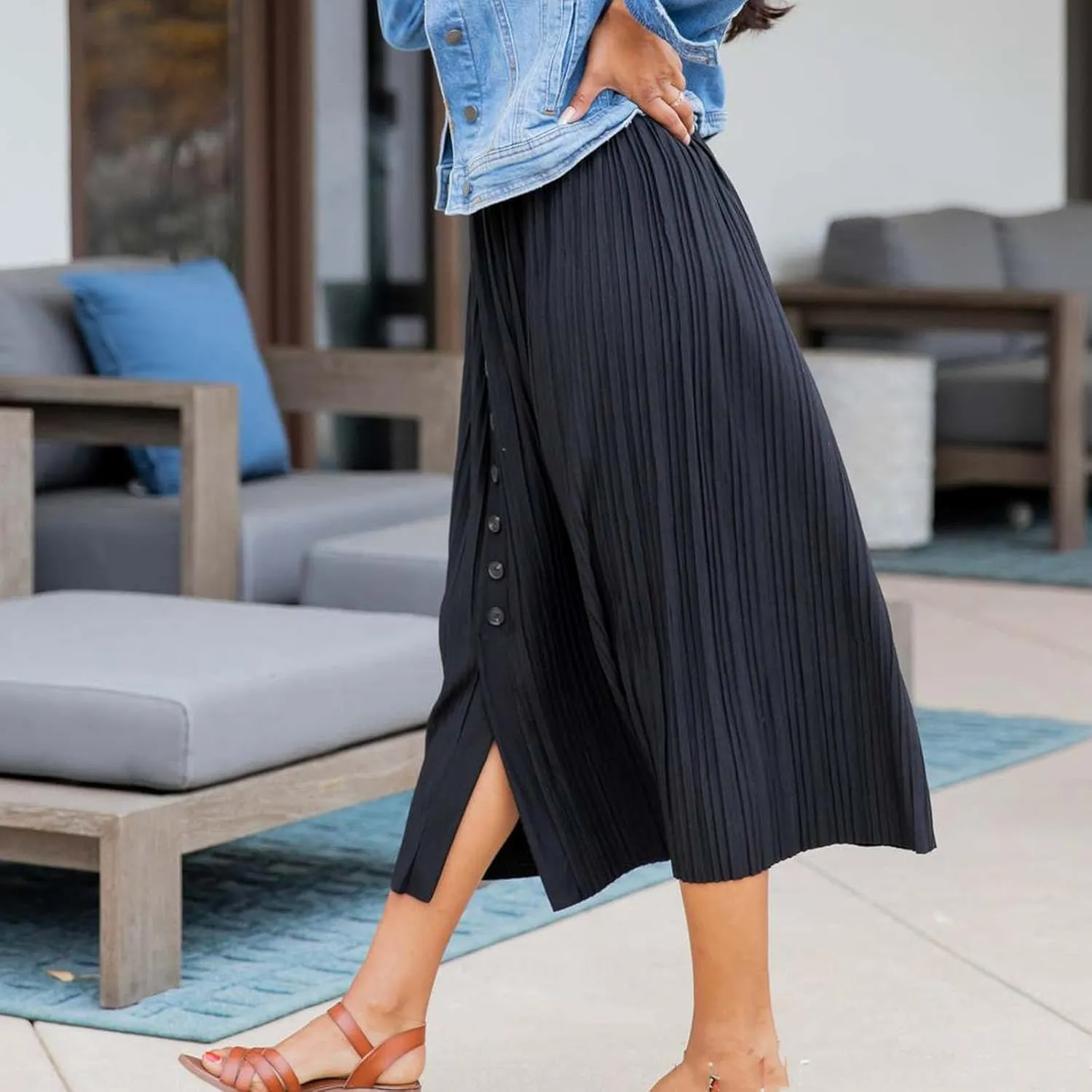 Women Lightweight Casual Flowy Long Skirt, Solid Color Basic Ruched Loose Summer Skirts Elastic Waist Comfy Breathable