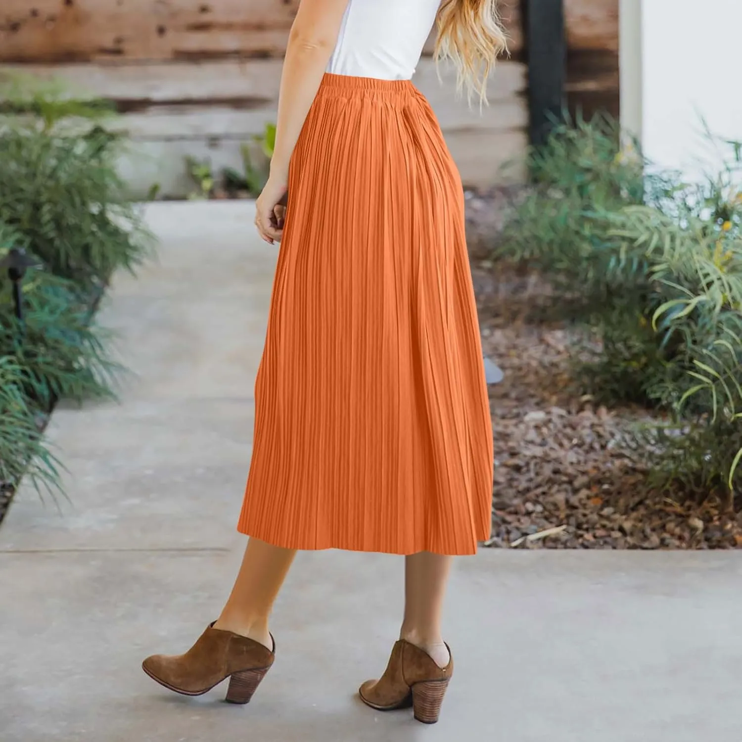 Women Lightweight Casual Flowy Long Skirt, Solid Color Basic Ruched Loose Summer Skirts Elastic Waist Comfy Breathable