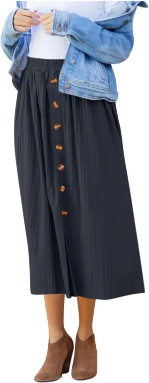 Women Lightweight Casual Flowy Long Skirt, Solid Color Basic Ruched Loose Summer Skirts Elastic Waist Comfy Breathable