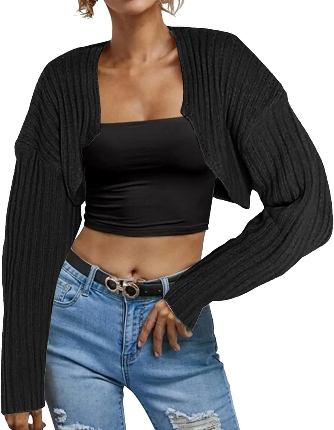Women Long e Open Front Ribbed Knit Crop Cardigan Solid Loose Drop Shoulder Bolero Crop Sweater Top Warm