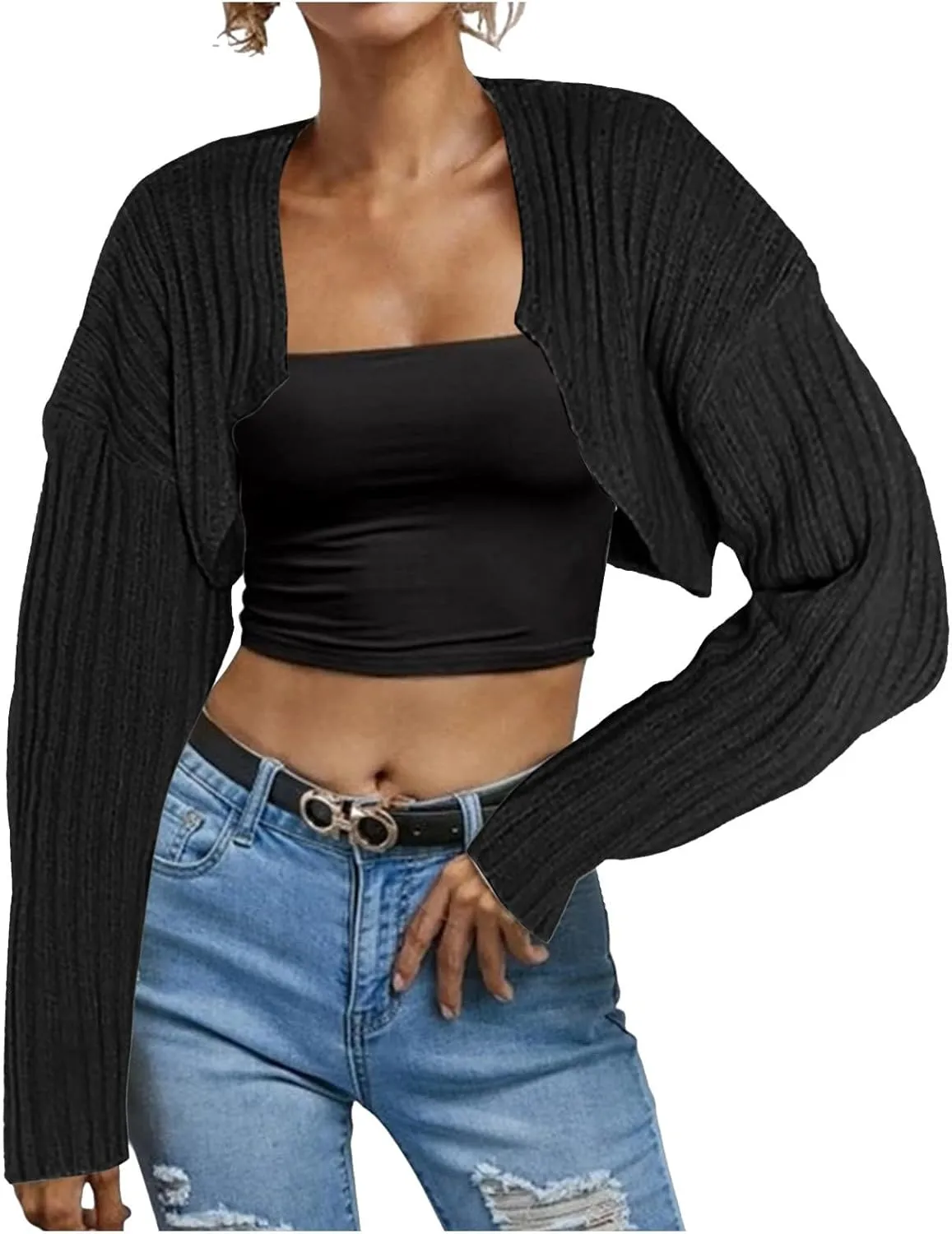 Women Long e Open Front Ribbed Knit Crop Cardigan Solid Loose Drop Shoulder Bolero Crop Sweater Top Warm