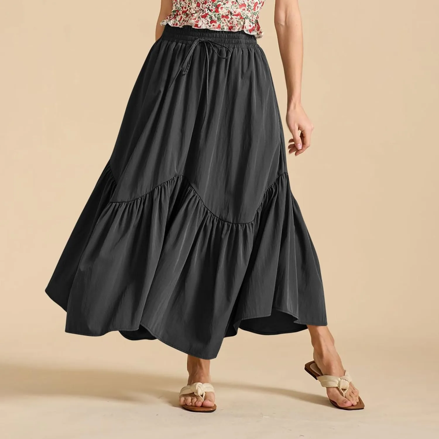 Women Ruched Ruffle Hem Long Skirt, Solid Color Comfy Drawstring Casual Skirts Loose Flowy Summer Clothes with Pockets