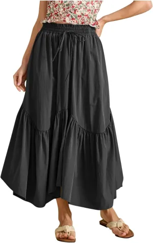 Women Ruched Ruffle Hem Long Skirt, Solid Color Comfy Drawstring Casual Skirts Loose Flowy Summer Clothes with Pockets