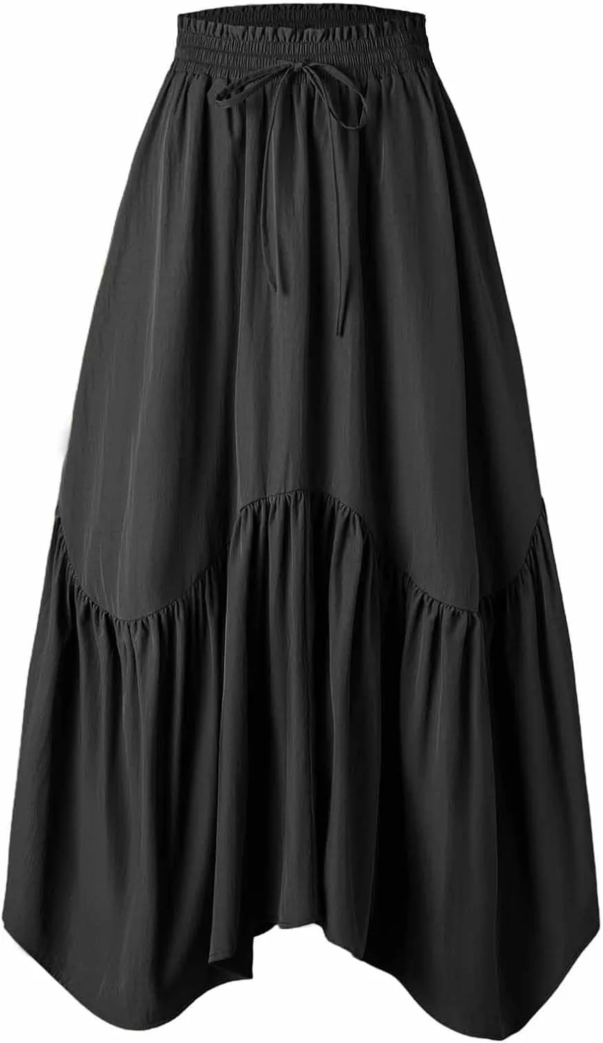 Women Ruched Ruffle Hem Long Skirt, Solid Color Comfy Drawstring Casual Skirts Loose Flowy Summer Clothes with Pockets