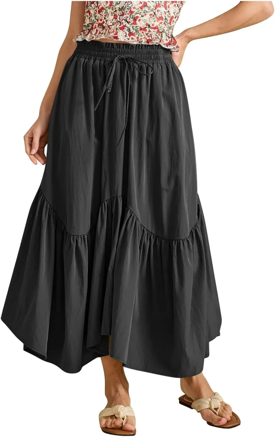 Women Ruched Ruffle Hem Long Skirt, Solid Color Comfy Drawstring Casual Skirts Loose Flowy Summer Clothes with Pockets