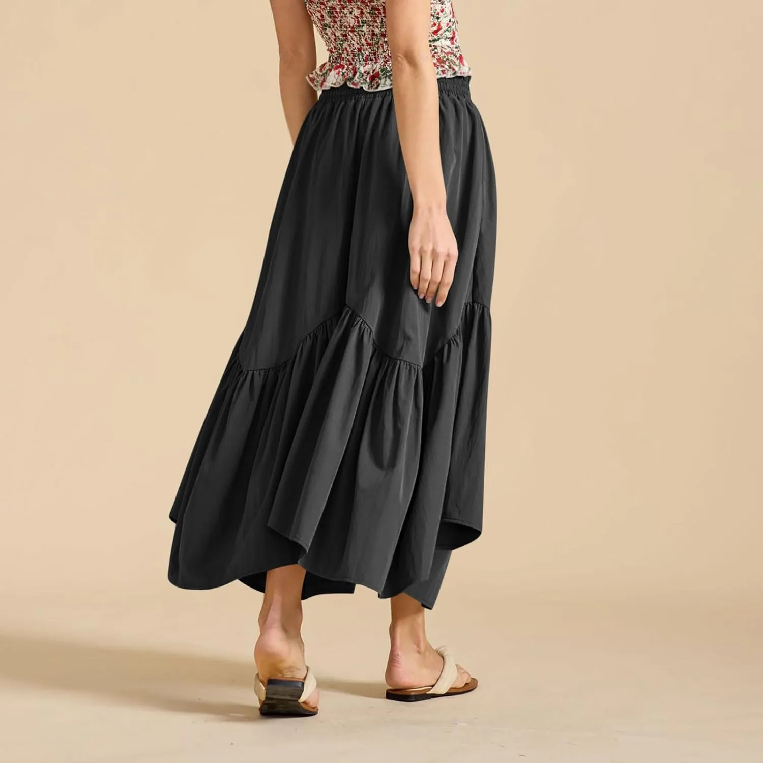 Women Ruched Ruffle Hem Long Skirt, Solid Color Comfy Drawstring Casual Skirts Loose Flowy Summer Clothes with Pockets