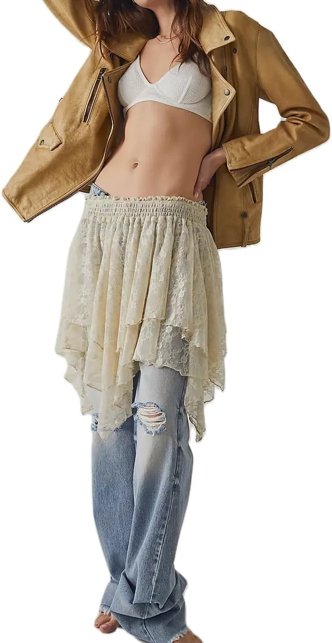Women Ruffle Y2k Mini Skirt Low Rise Pleated Fairy Skirts Frilly Layered Asymmetrical Lace Short Skirt