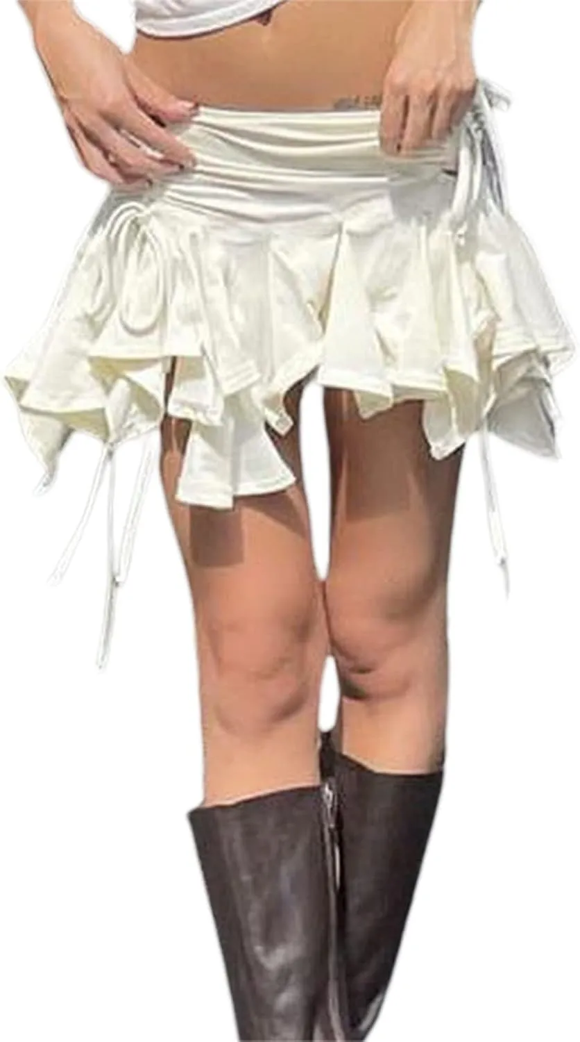 Women Ruffle Y2k Mini Skirt Low Rise Pleated Fairy Skirts Frilly Layered Asymmetrical Lace Short Skirt