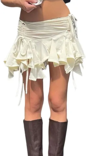Women Ruffle Y2k Mini Skirt Low Rise Pleated Fairy Skirts Frilly Layered Asymmetrical Lace Short Skirt