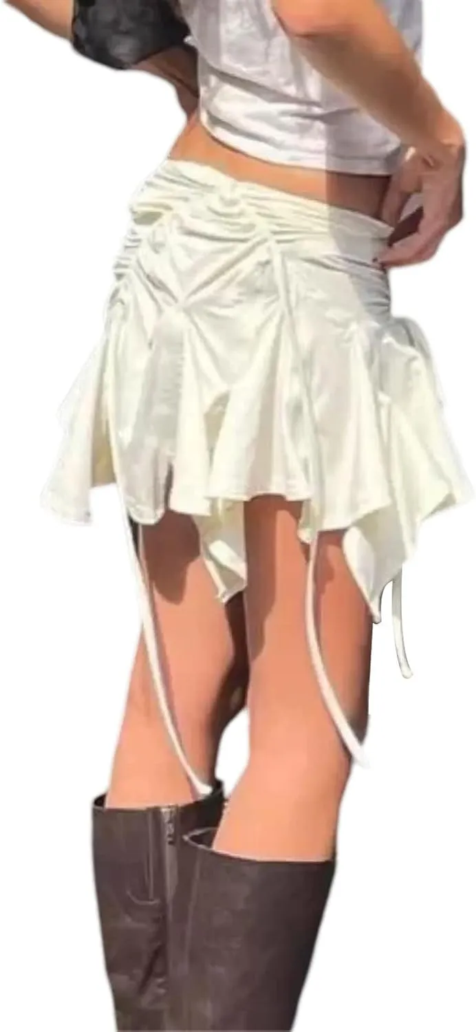 Women Ruffle Y2k Mini Skirt Low Rise Pleated Fairy Skirts Frilly Layered Asymmetrical Lace Short Skirt