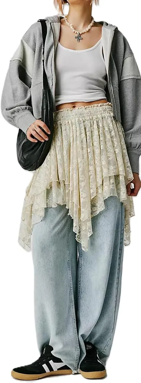 Women Ruffle Y2k Mini Skirt Low Rise Pleated Fairy Skirts Frilly Layered Asymmetrical Lace Short Skirt