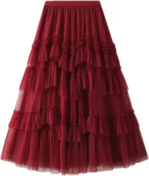 Women Ruffles Tiered A Line Tulle Long Skirts Casual Elastic Waist Mesh Skirts