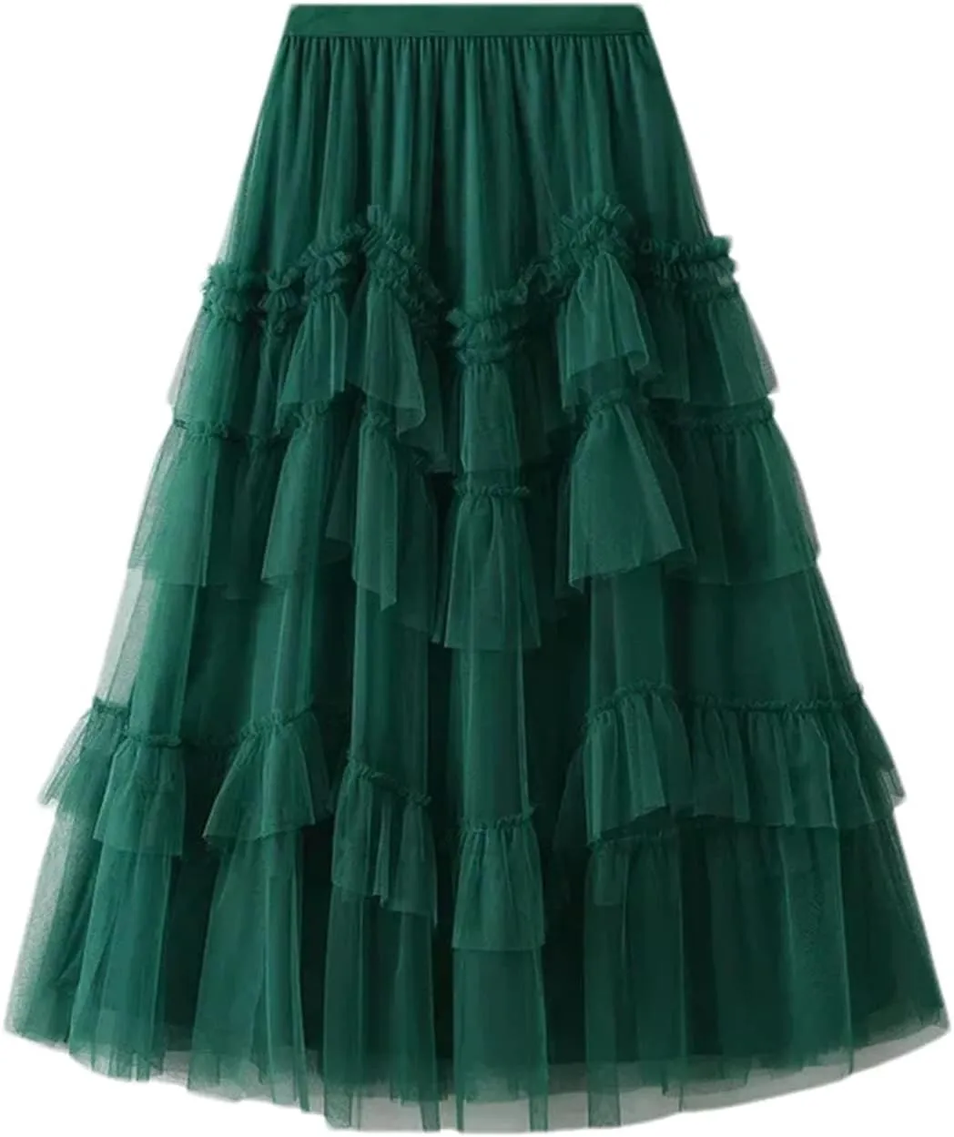 Women Ruffles Tiered A Line Tulle Long Skirts Casual Elastic Waist Mesh Skirts