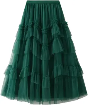 Women Ruffles Tiered A Line Tulle Long Skirts Casual Elastic Waist Mesh Skirts