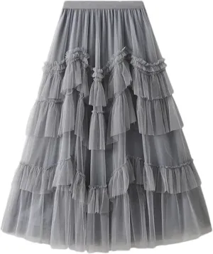 Women Ruffles Tiered A Line Tulle Long Skirts Casual Elastic Waist Mesh Skirts