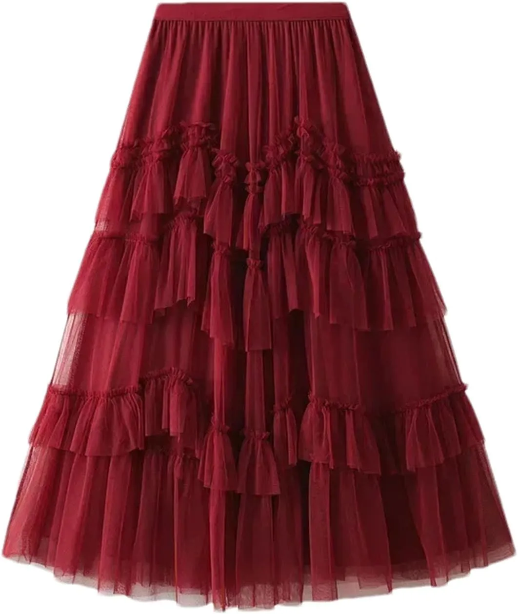 Women Ruffles Tiered A Line Tulle Long Skirts Casual Elastic Waist Mesh Skirts