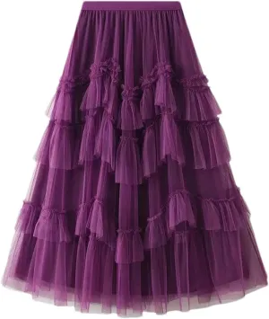 Women Ruffles Tiered A Line Tulle Long Skirts Casual Elastic Waist Mesh Skirts