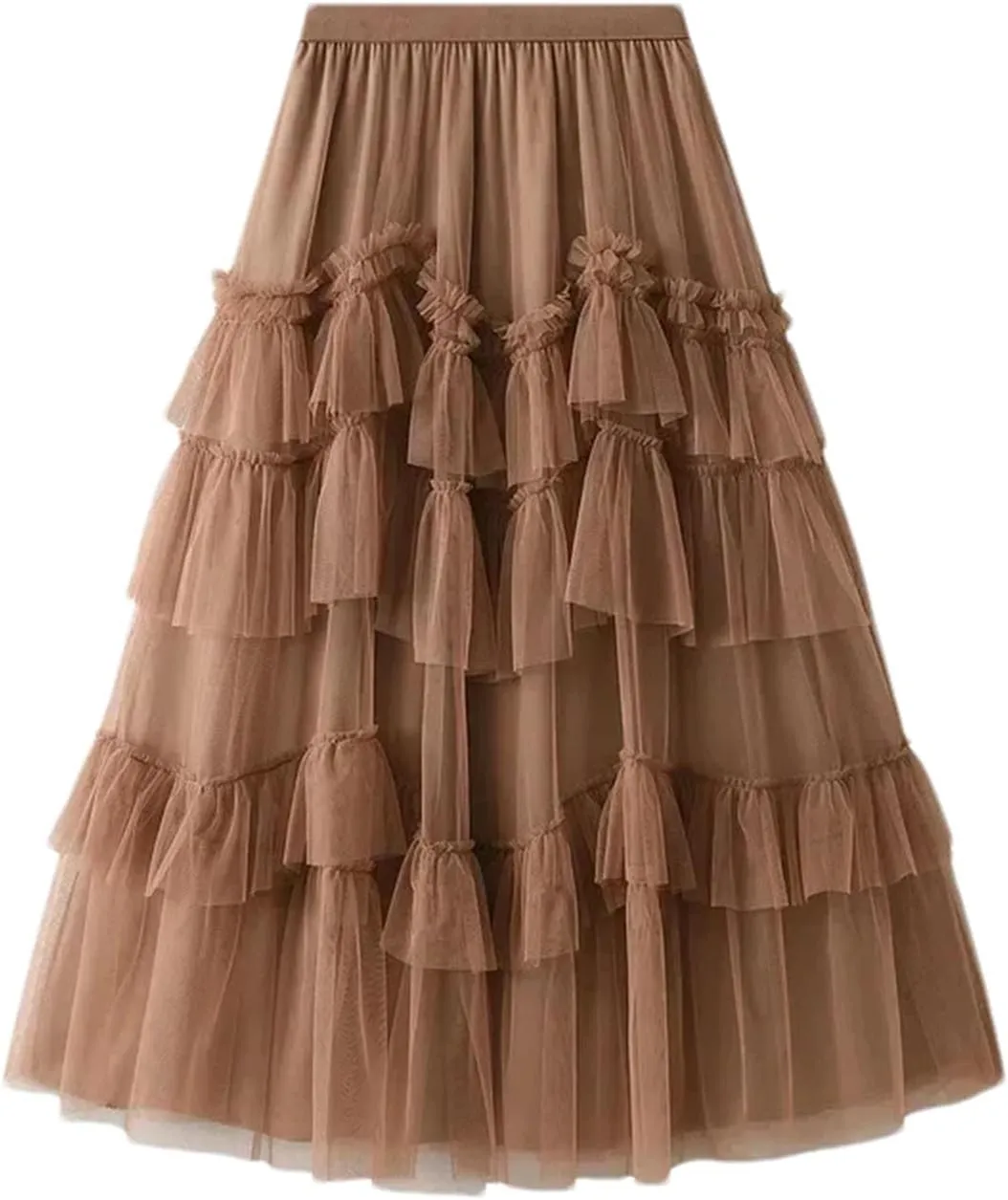 Women Ruffles Tiered A Line Tulle Long Skirts Casual Elastic Waist Mesh Skirts