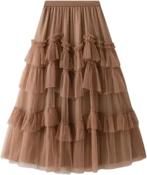 Women Ruffles Tiered A Line Tulle Long Skirts Casual Elastic Waist Mesh Skirts