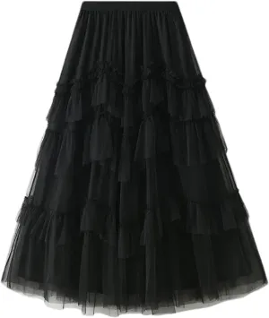 Women Ruffles Tiered A Line Tulle Long Skirts Casual Elastic Waist Mesh Skirts