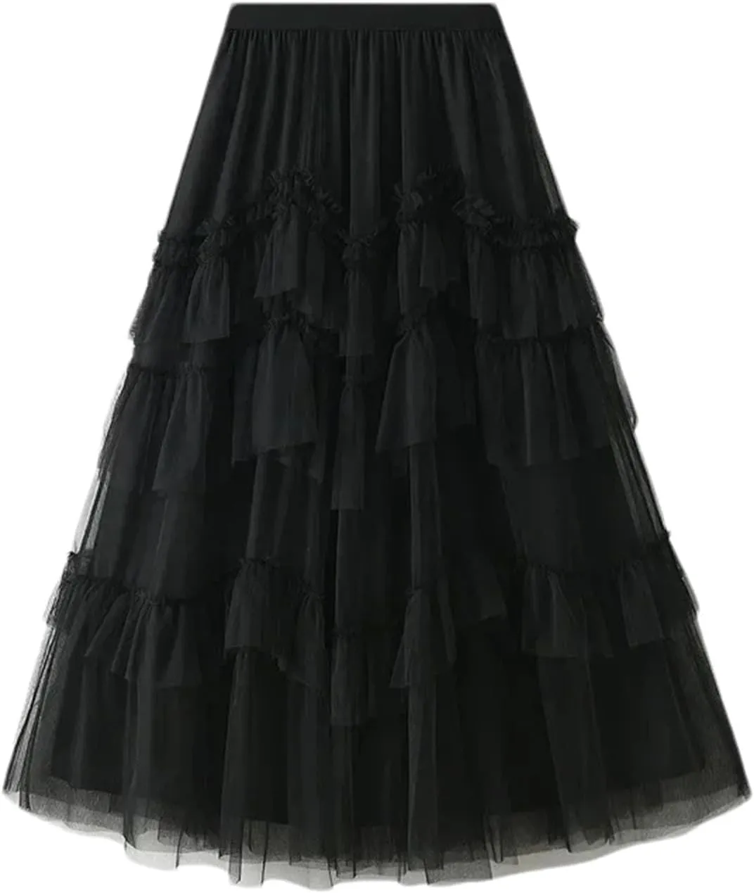 Women Ruffles Tiered A Line Tulle Long Skirts Casual Elastic Waist Mesh Skirts