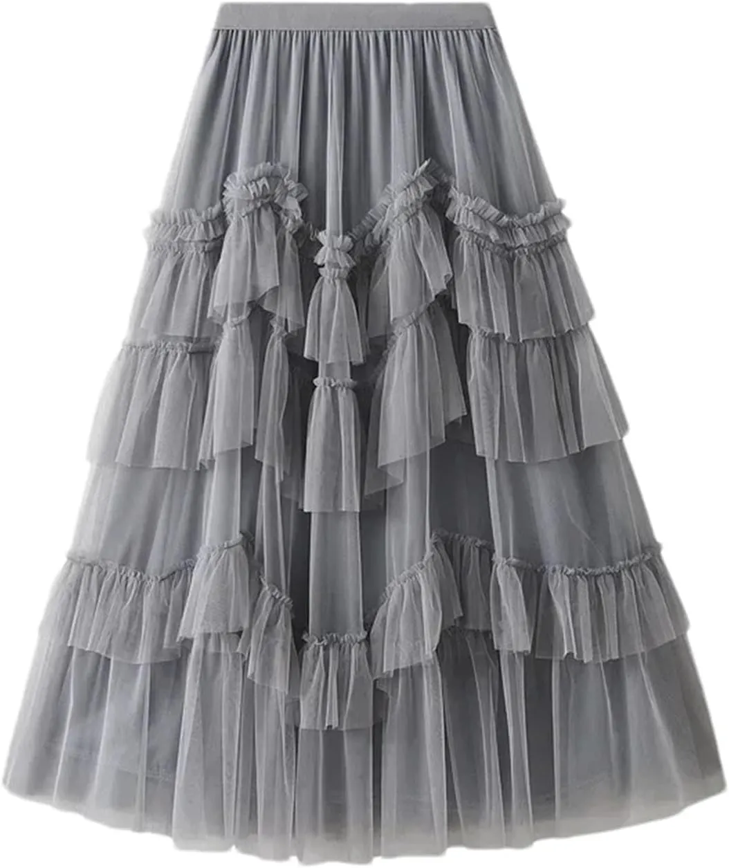 Women Ruffles Tiered A Line Tulle Long Skirts Casual Elastic Waist Mesh Skirts