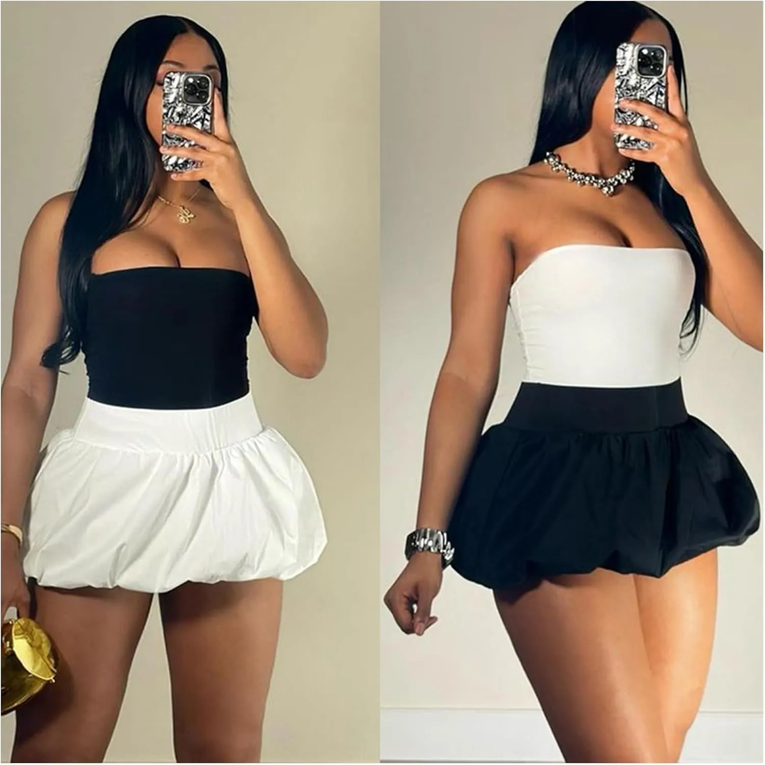 Women Sexy Mini Skirts Pleated Elastic Waist Ruffle Bubble Flared Short Skirt Club Outfits