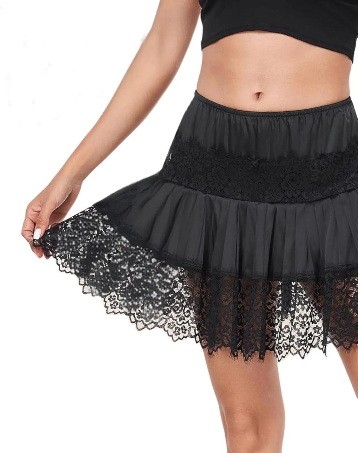 Women Summer Pleated Skirt Casual Lace Patchwork Elastic Mini Skirt for Beach Vacation Club Streetwear