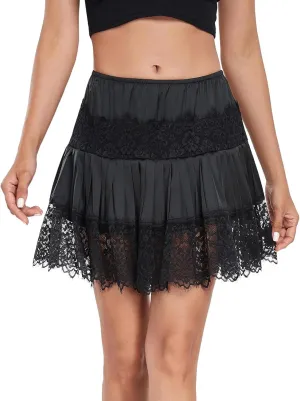 Women Summer Pleated Skirt Casual Lace Patchwork Elastic Mini Skirt for Beach Vacation Club Streetwear