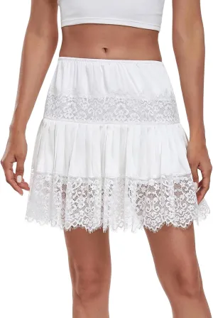 Women Summer Pleated Skirt Casual Lace Patchwork Elastic Mini Skirt for Beach Vacation Club Streetwear
