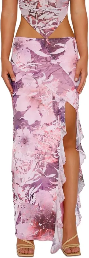 Women Summer Ruffle Trim Long Skirts Boho Mesh Floral Asymmetrical Swing High Low Beach Cover Up Midi Skirt with Slit