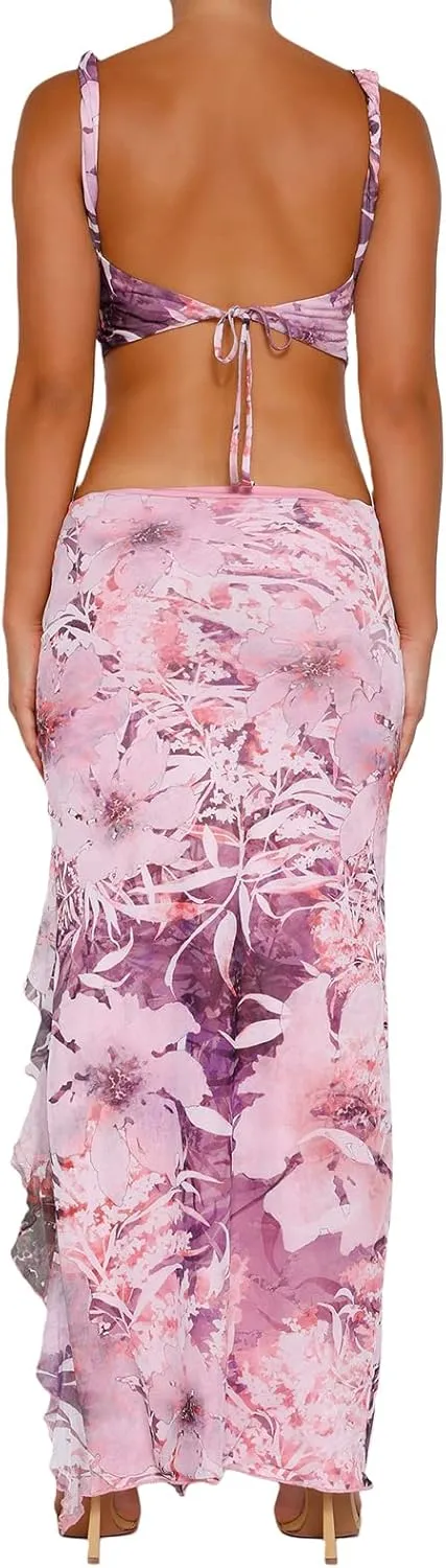 Women Summer Ruffle Trim Long Skirts Boho Mesh Floral Asymmetrical Swing High Low Beach Cover Up Midi Skirt with Slit