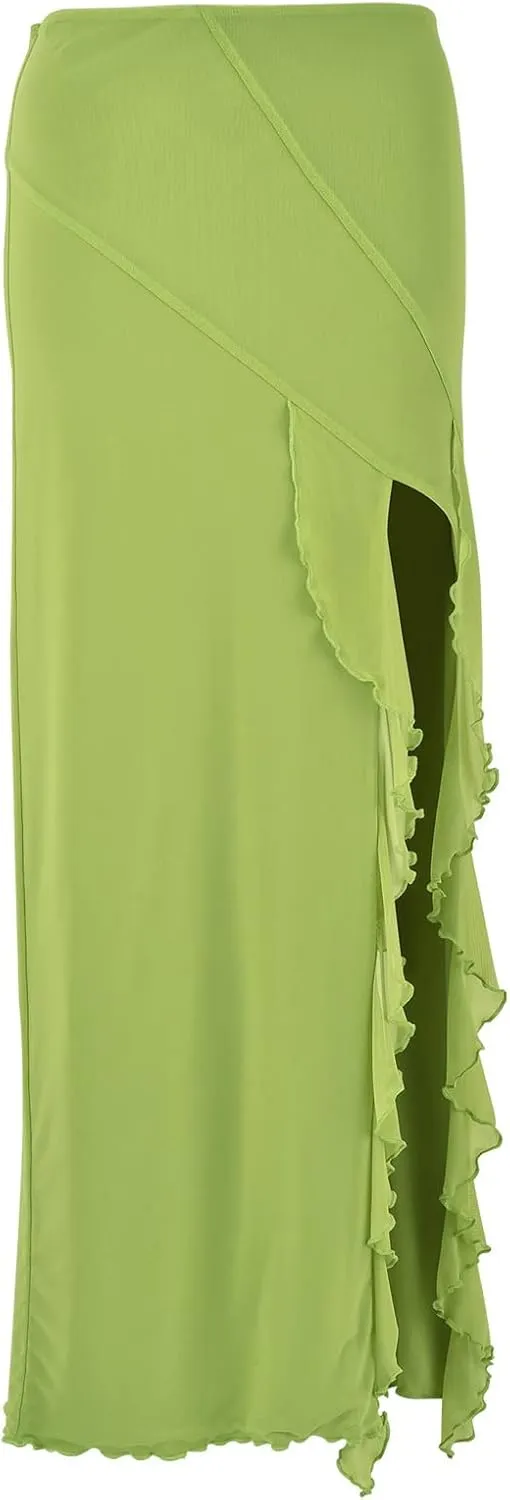 Women Summer Ruffle Trim Long Skirts Boho Mesh Floral Asymmetrical Swing High Low Beach Cover Up Midi Skirt with Slit