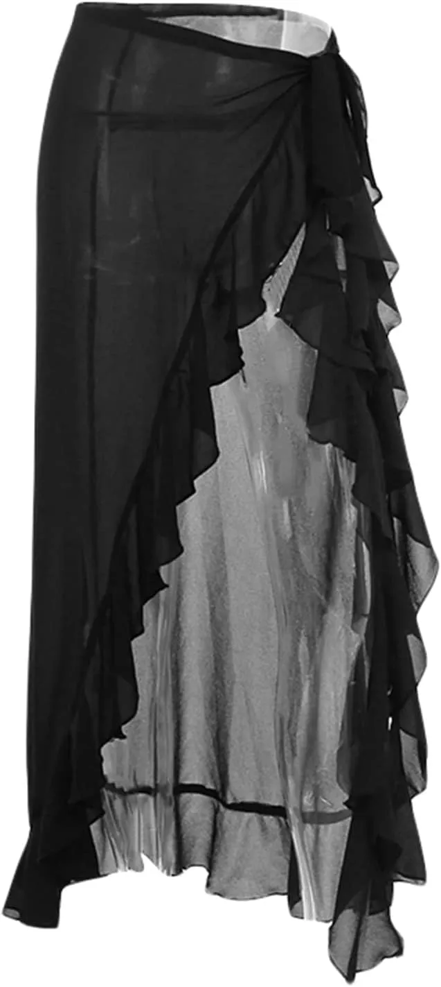 Women Summer Ruffle Trim Long Skirts Boho Mesh Floral Asymmetrical Swing High Low Beach Cover Up Midi Skirt with Slit